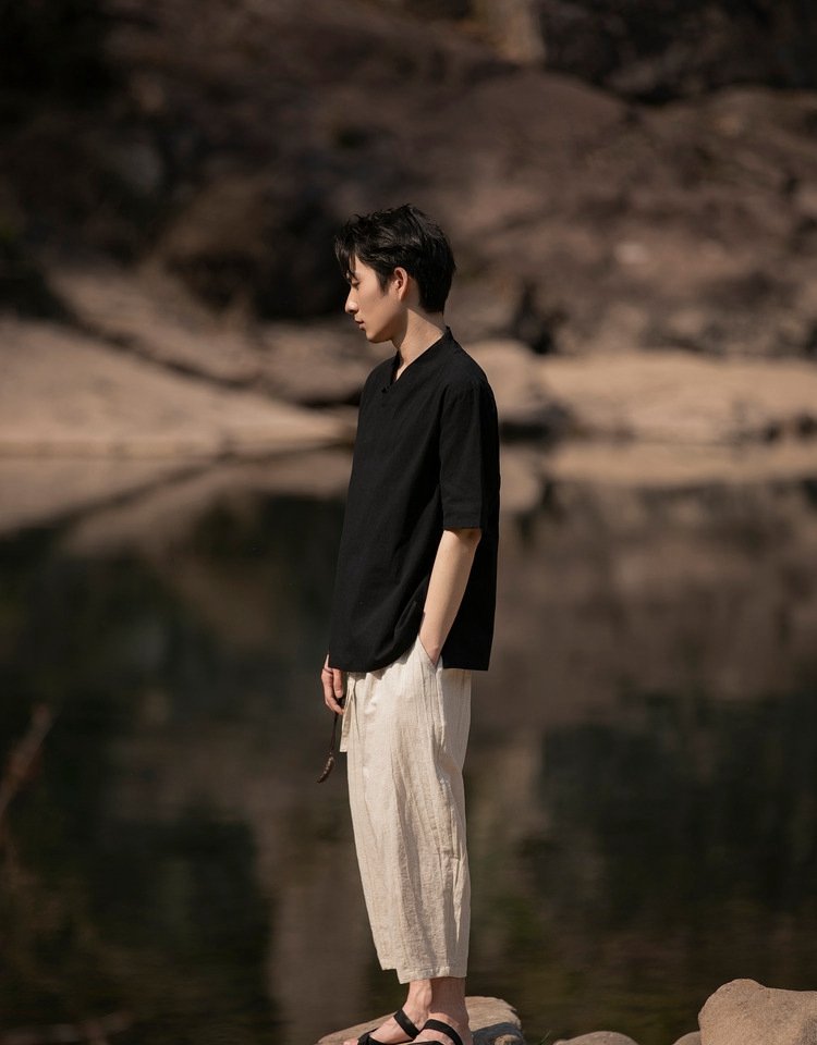 V-neck Short Sleeve Linen Shirt