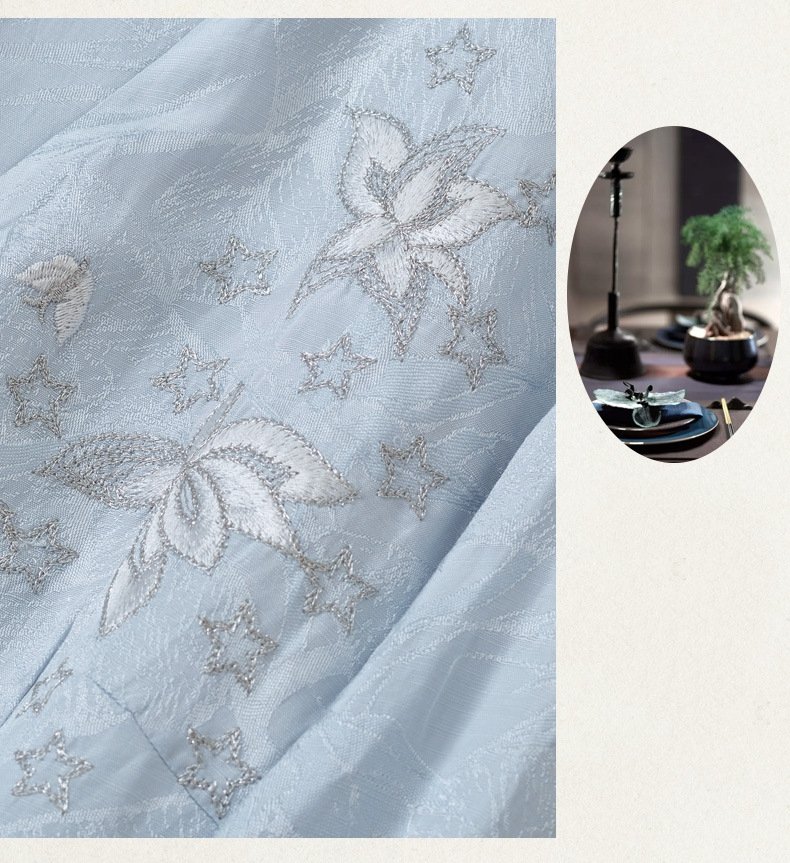 Embroidery detail on silk linen Hanfu dress fabric