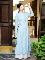 Embroidered Silk Linen Hanfu Dress Jacquard Tea Dress