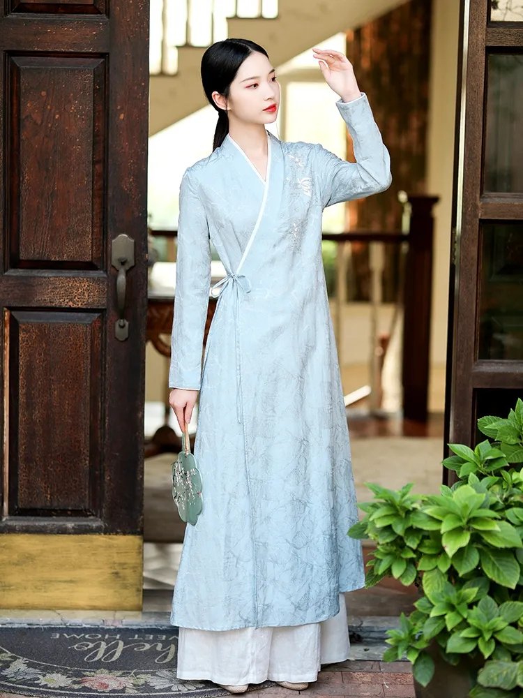 Model wearing light blue silk linen Hanfu dress, front view