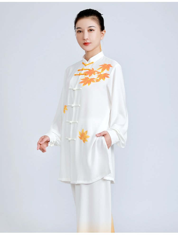 tai chi practice outfit for women silk linen gradient maple print