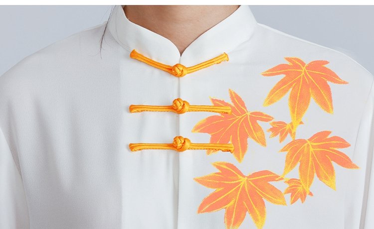 close-up of printed maple pattern and silk linen fabric on women’s tai chi outfit