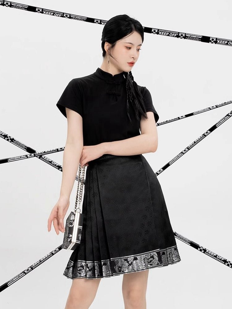 Half-body view of the A-line short mamian skirt with geometric dark jacquard texture.