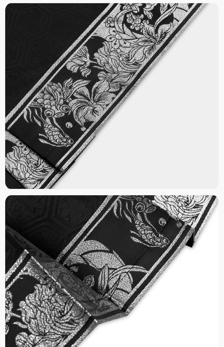 Close-up of silver-thread brocade hem featuring koi and floral patterns symbolizing prosperity.
