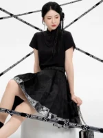 Silver Brocade Short Mamian Skirt Modern Chinese A-Line Skirt - Image 2