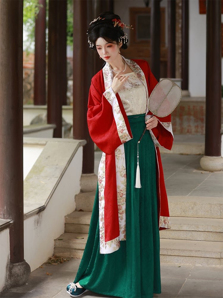 Full view of red and green brocade Song Dynasty Hanfu set with embroidered details