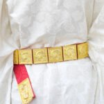 Song Style Hanfu Belt – Wide 5cm Red & Gold Leather Belt for Performance & Photography