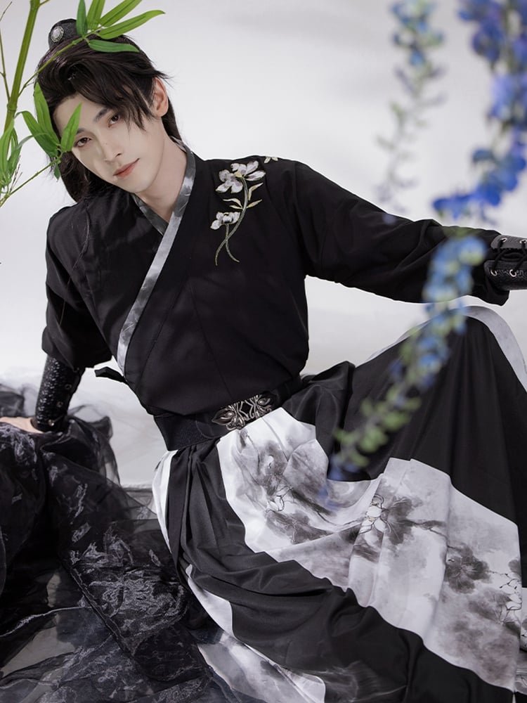 Black Song-style Hanfu set for men with ink-print skirt, elegant martial arts look.