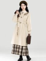 Suede Chinese Style Coat Set with Plaid Mamian Skirt
