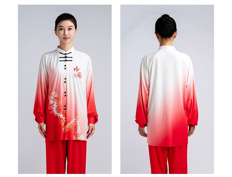Model standing straight in dragon print Tai Chi uniform