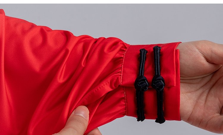 Close-up of elastic cuff on red-white Tai Chi outfit