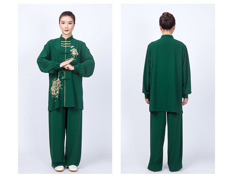 Model displaying both front and back of green Tai Chi uniform