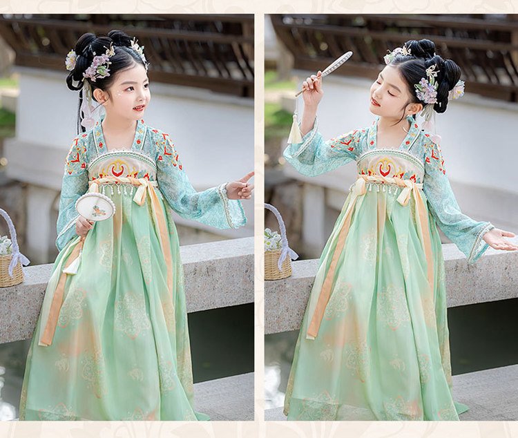 Two angles showing front and side view of Tang-style girls dress