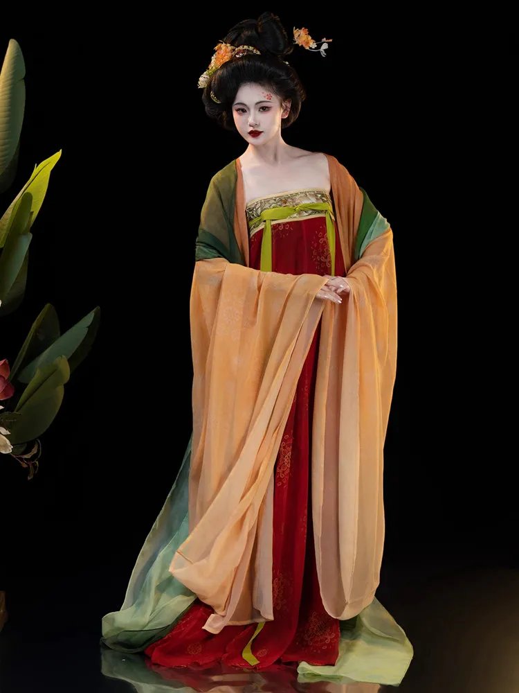 Model in Tang Dynasty ruqun silhouette with layered sleeves and embroidered waistband
