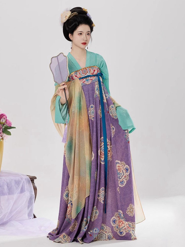 Tang style Hanfu dress featuring embroidered peony motifs and soft green shawl