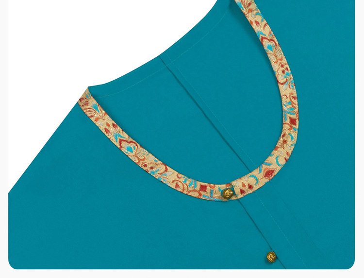 Close-up of embroidered ethnic pattern neckline from Tang style Hanfu dress