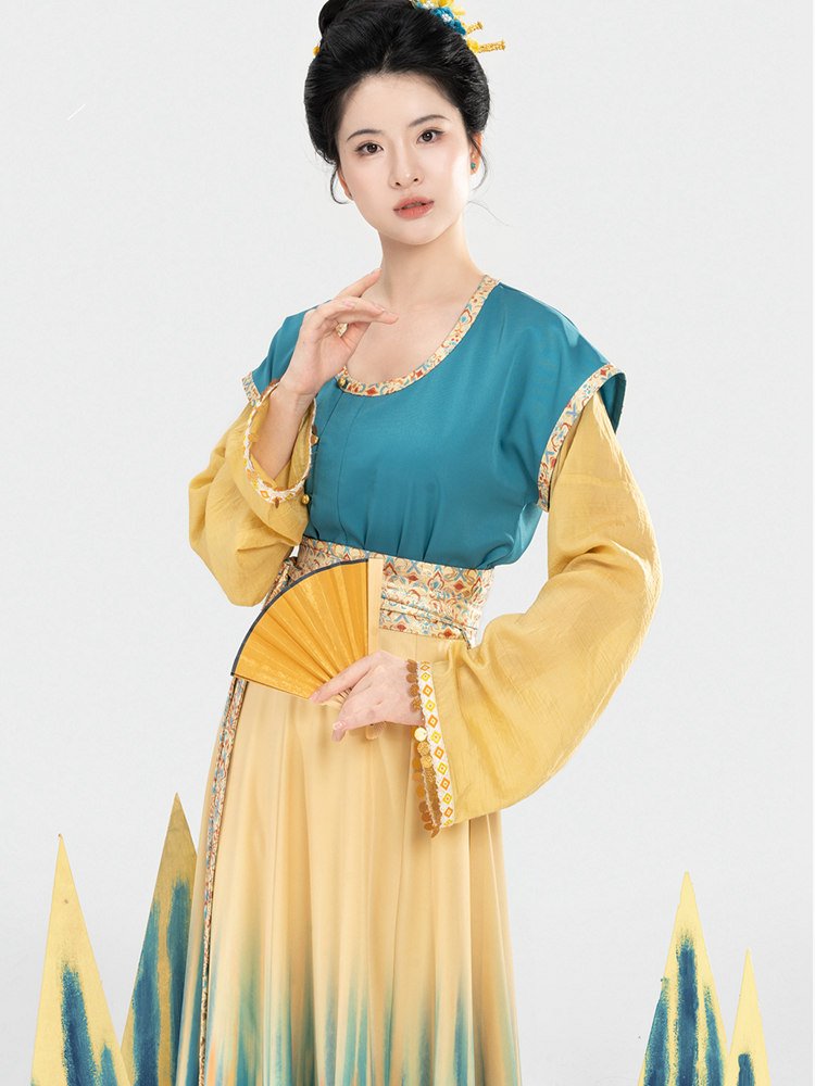 Portrait of woman in Tang style ethnic Hanfu featuring blue and yellow ombré design