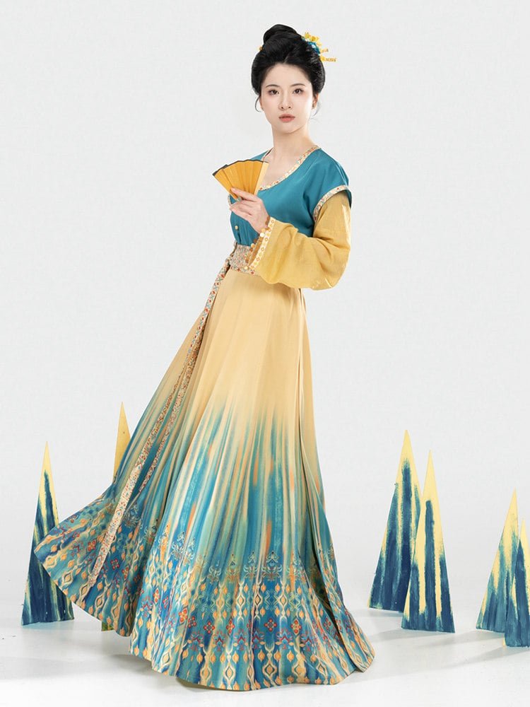 Woman wearing Tang style ethnic Hanfu in full body pose with Aidelaisi-inspired pattern
