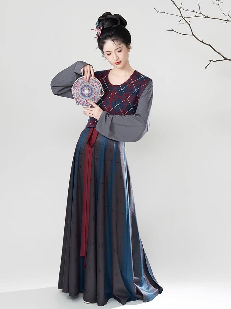 Side view of modern blue Tang Hanfu dress showing striped eight-panel skirt