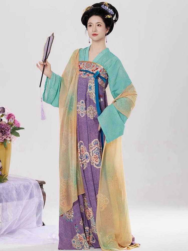 Tang style Hanfu outfit set with gradient chiffon shawl, embroidered chest-high skirt, and peony motifs