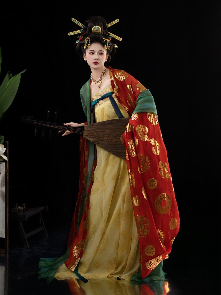 Three-quarter angle view of Tang style Hanfu dress with wide sleeves and green shawl