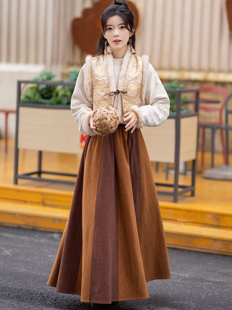 Elegant Tang style Hanfu dress for women with embroidered vest
