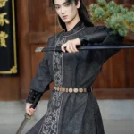Men’s Tang-Style Black Hanfu Robe with Embroidery