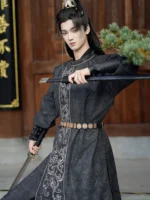 Men’s Tang-Style Black Hanfu Robe with Embroidery