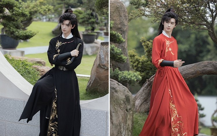 Tang-style Hanfu robes for men in black and red, showcasing contrast of elegance and strength.