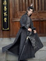 Men’s Tang-Style Black Hanfu Robe with Embroidery - Image 2