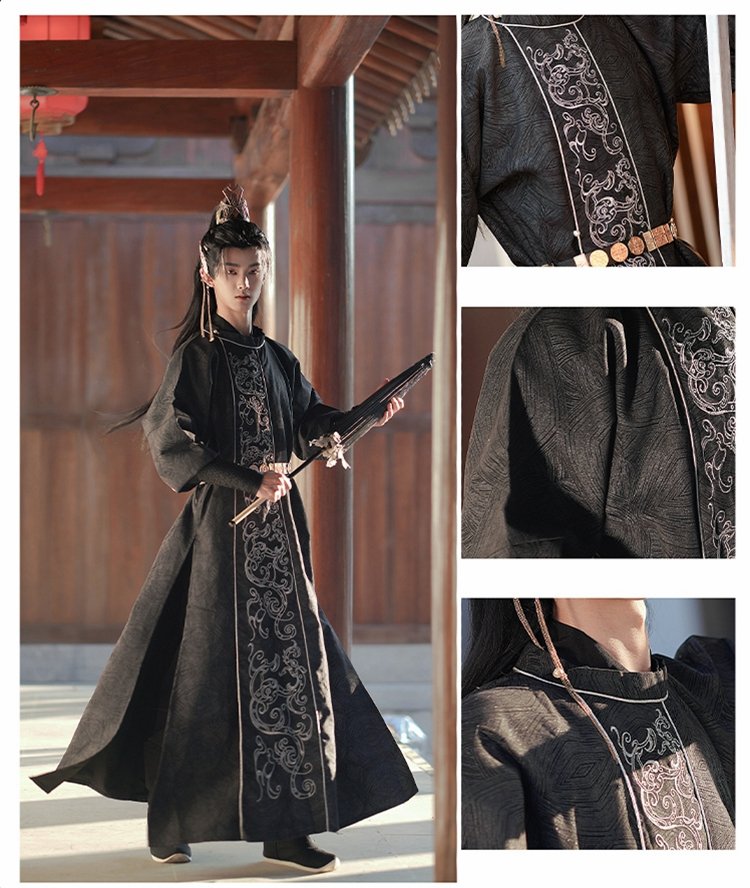 Tang-style black Hanfu robe for men with silver embroidery, traditional Chinese costume inspired by Tang Dynasty elegance.