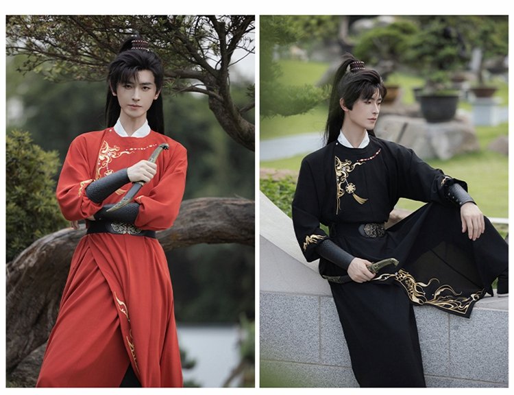 Two models wearing Tang-style Hanfu robes in black and red, embroidered heroic costumes.