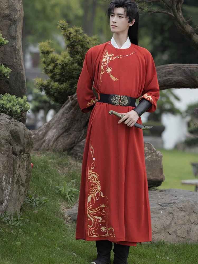 Red Tang-style Hanfu robe for men with gold embroidery, traditional Chinese outfit.