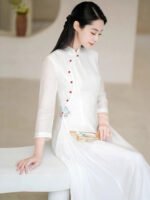 Tea Ceremony Dress Embroidered Tencel Linen Long Dress - Image 3