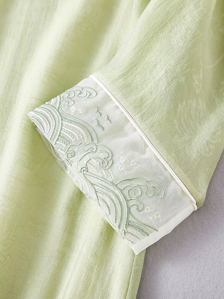 Embroidered cuff detail of Tencel Jacquard Zen tea dress