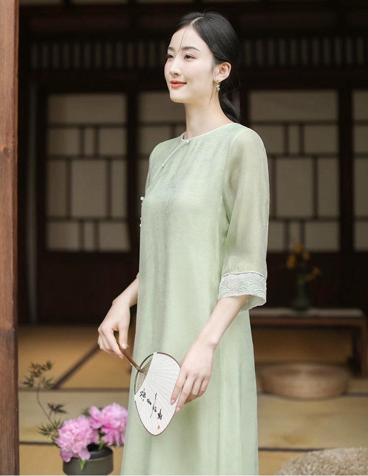 Woman walking in long Tencel Zen tea dress