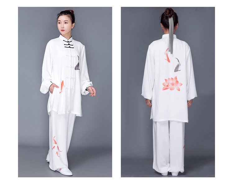 back view of unisex tai chi outfit white fish print