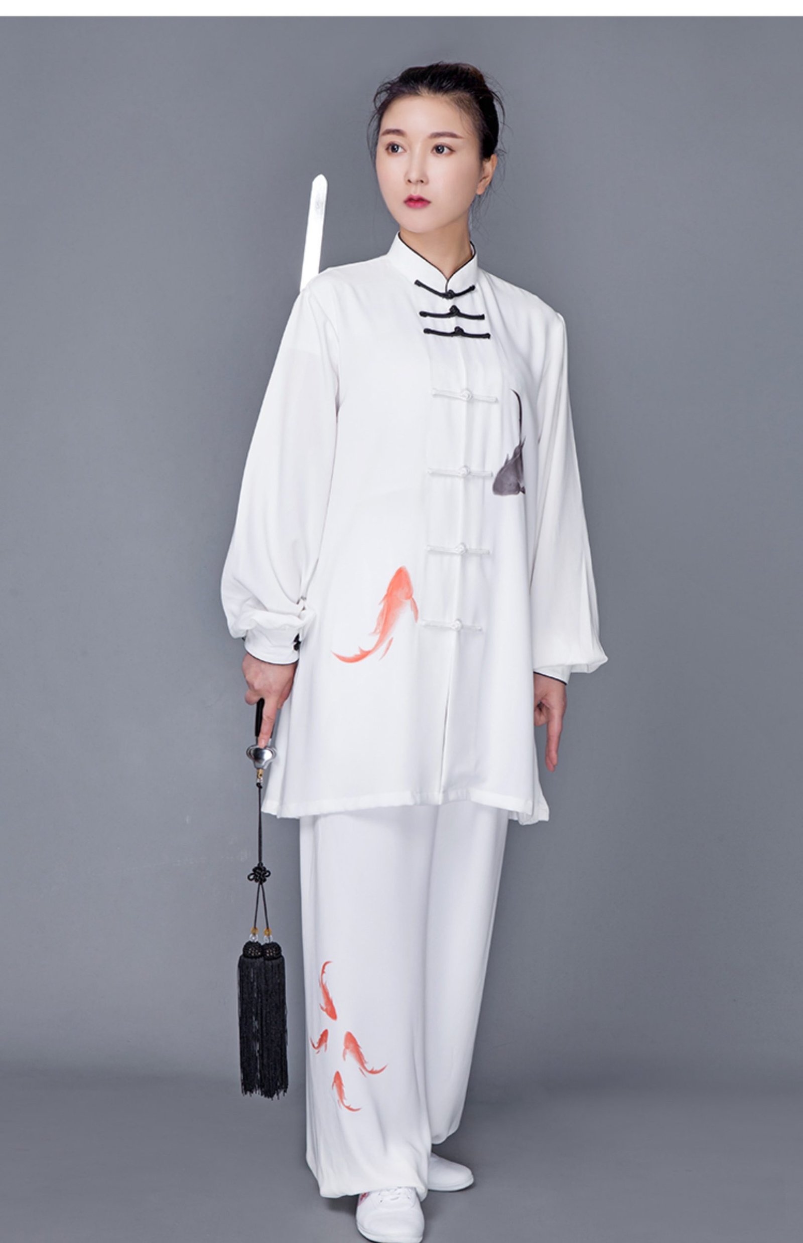 standing pose unisex tai chi outfit white fish print