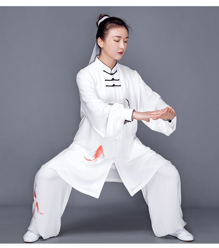 tai chi outfit men and women fish print white cotton