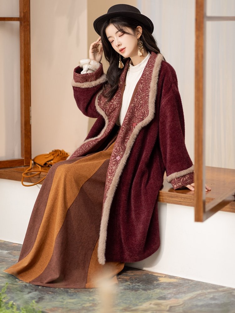 Side view of Tang-style red chenille coat for women