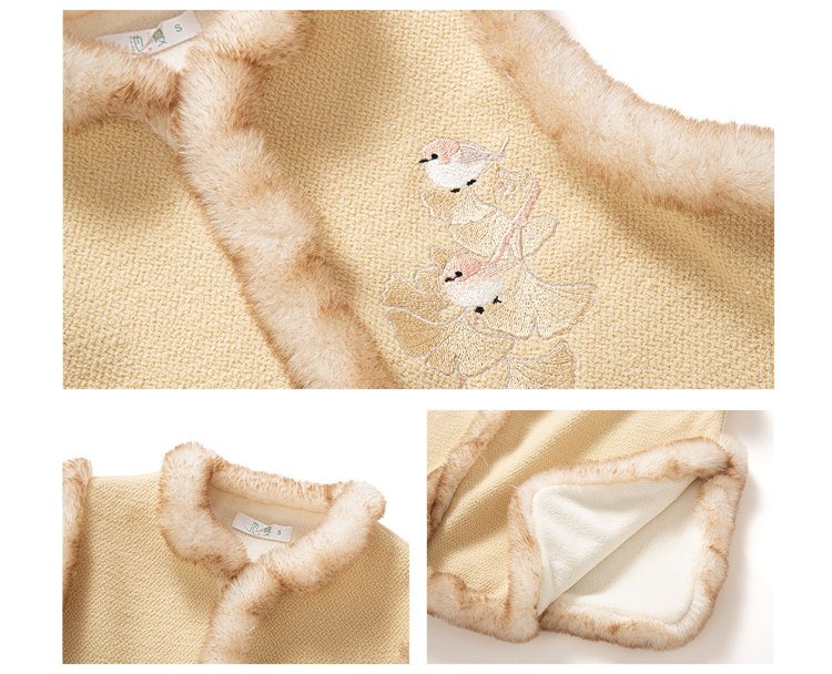 Close-up fabric details showing fleece lining and embroidery of Hanfu outfit