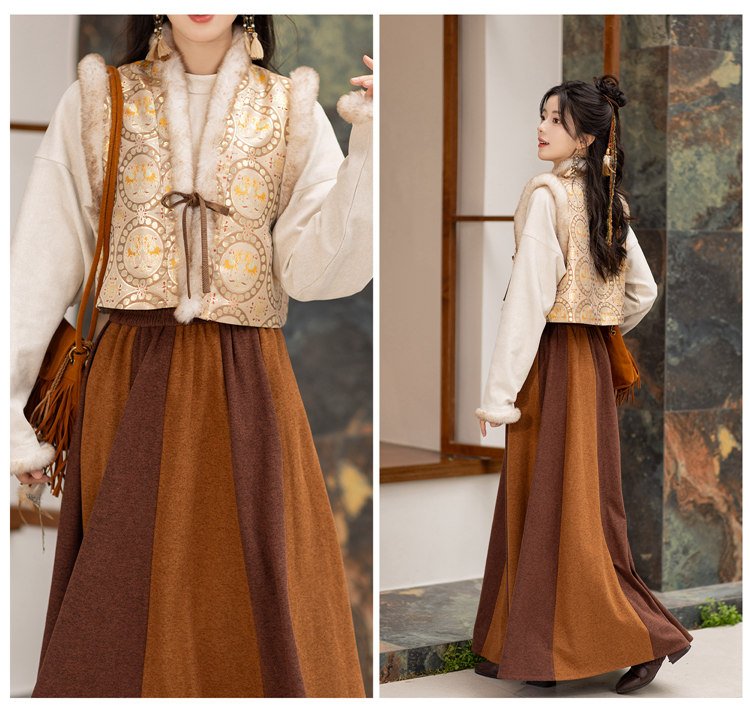 Full body view of warm Hanfu dress set with vest and skirt