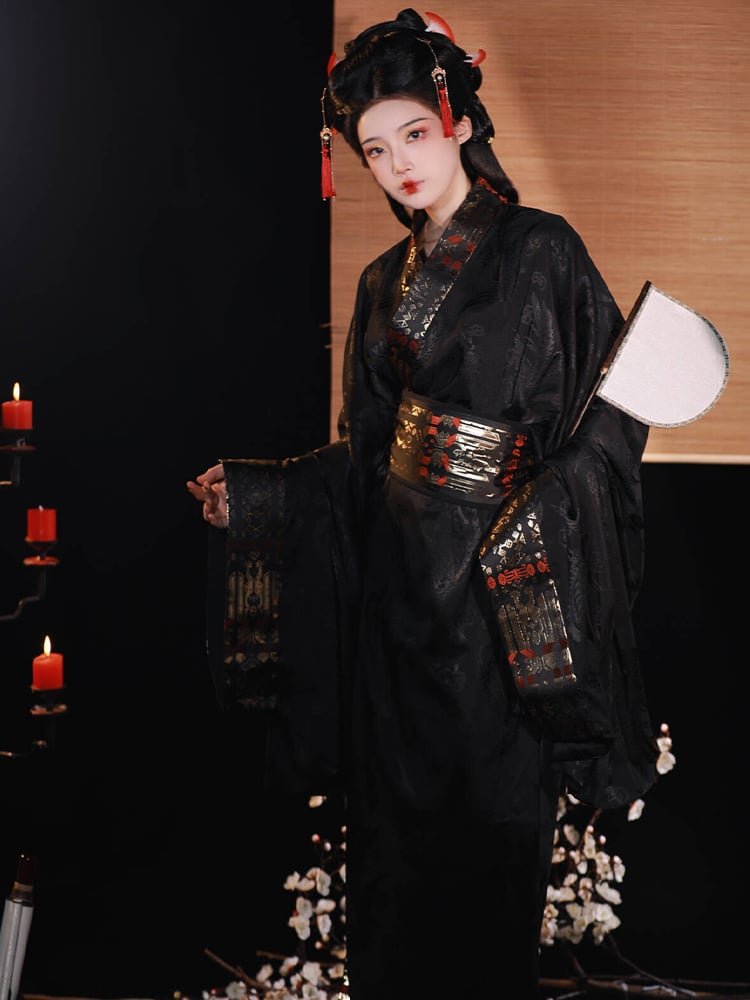 Side view of women’s black brocade Hanfu robe with layered cuffs and sash.
