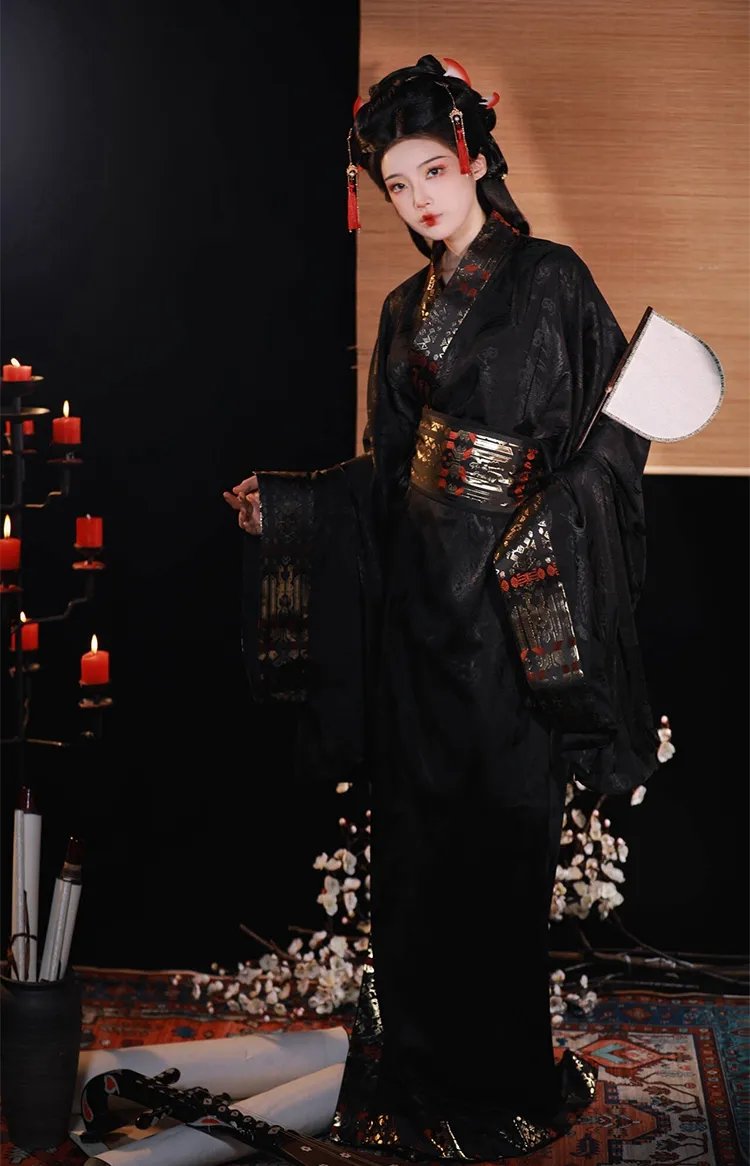 Standing view in layered black Hanfu robe, styled for cosplay or photography.