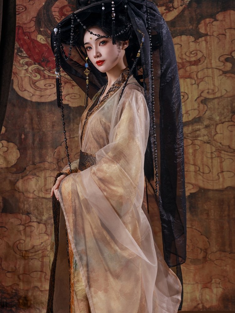 Layered chiffon Wei Jin Hanfu robe featuring fairy-inspired style and classical draped sleeves