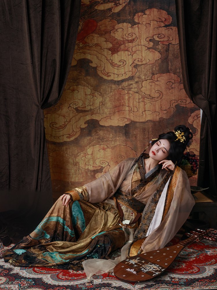 Full outfit view of Wei Jin Hanfu golden fairy robe, elegant traditional Chinese costume for women