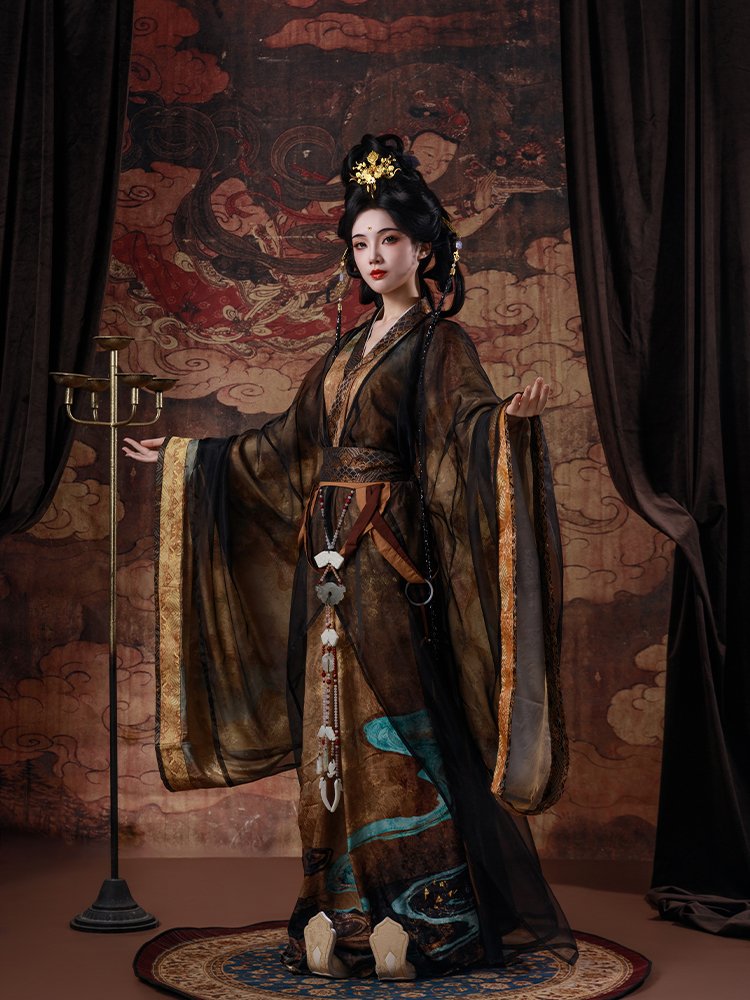 Elegant brown and gold Wei Jin dynasty style Hanfu with embroidered wide sleeves for women