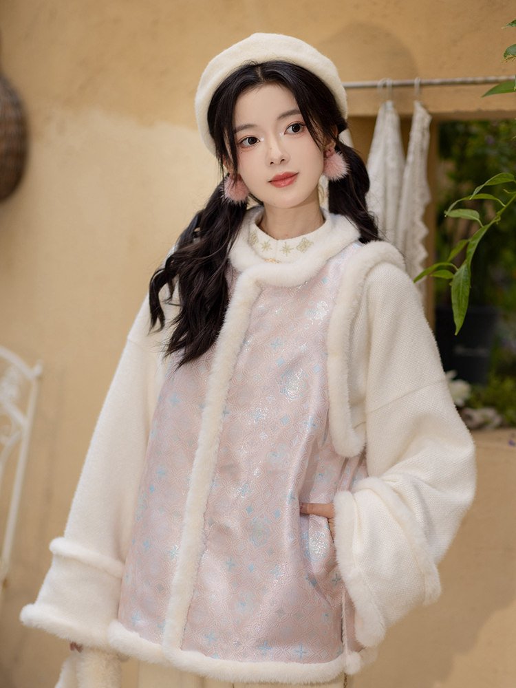 Model in white snow-patterned jacket