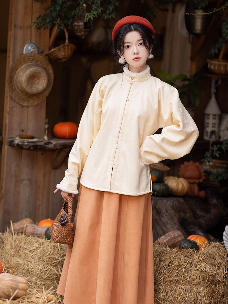Winter Hanfu outfit in soft yellow color for women