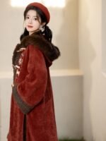 Winter Hanfu for Women Red Embroidered Coat with Hood - Image 3